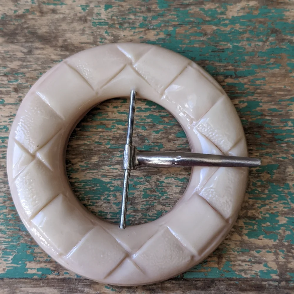 Lot of 3 Round Vintage Buckles - Cream Celluloid & Metal with Fabric